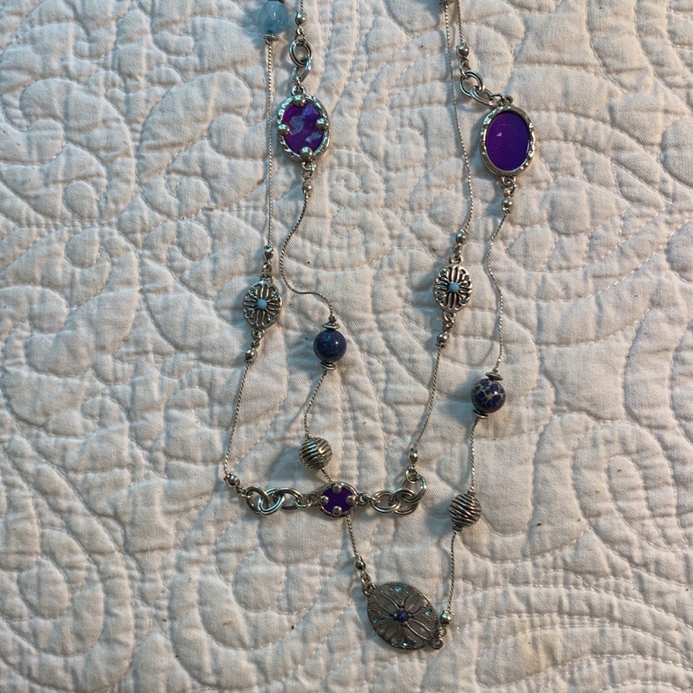 Ruby road Double-Chain Elegant Blue bead & Silver Crests Necklace 16” must have.